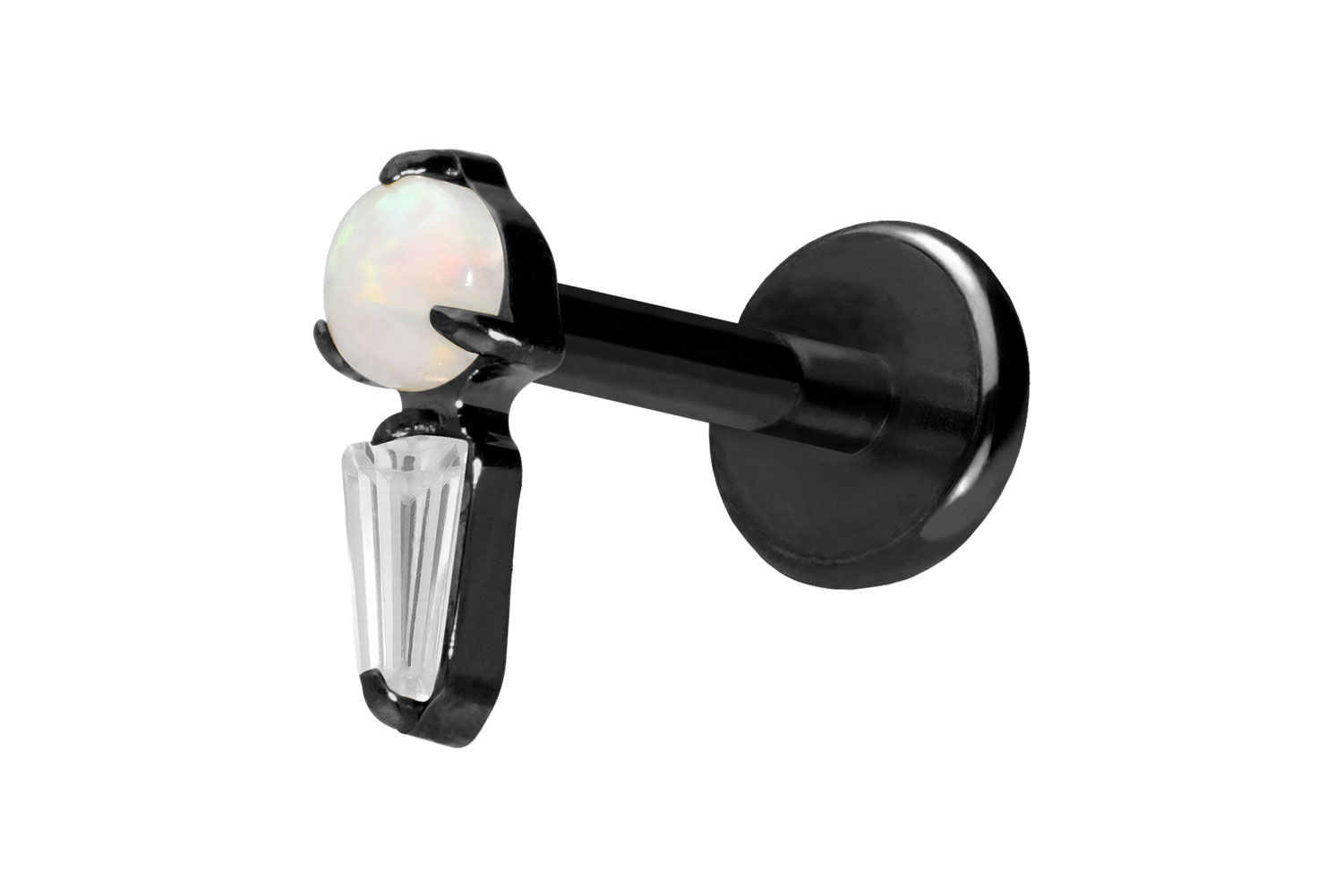 Titan Labret Piercing mit Push Fit SYNTHETISCHER OPAL + KRISTALLRECHTECK
